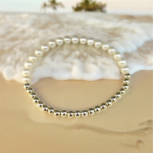 3 Bracelets gold bead stretchy, bead gold bracelets stack/set of 3, Waterproof - Picture 2 of 3